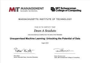 Certificate of Dean Scaduto's MIT Unsupervised Machine Learning Program Completion
